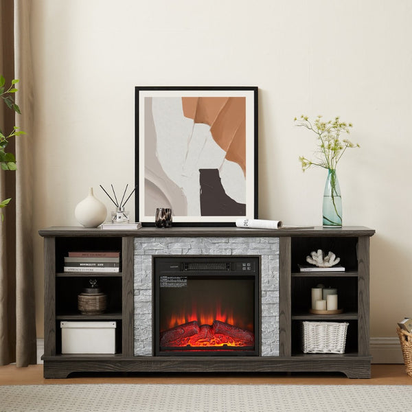 English Elm Mantel Electric Fireplace TV Console with Stone Surround and Open Shelving for Living Rooms W2275S00036