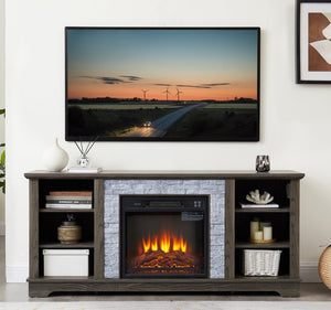 English Elm Mantel Electric Fireplace TV Console with Stone Surround and Open Shelving for Living Rooms W2275S00036