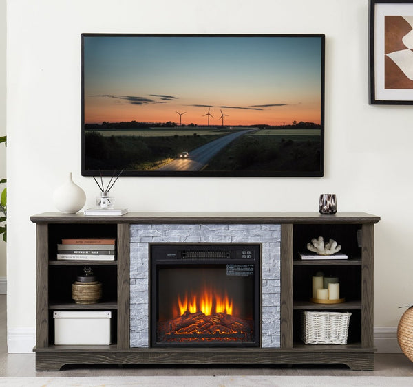 English Elm Mantel Electric Fireplace TV Console with Stone Surround and Open Shelving for Living Rooms W2275S00036