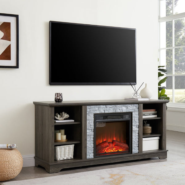 English Elm Mantel Electric Fireplace TV Console with Stone Surround and Open Shelving for Living Rooms W2275S00036