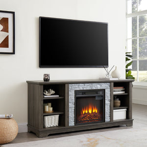 English Elm Mantel Electric Fireplace TV Console with Stone Surround and Open Shelving for Living Rooms W2275S00036