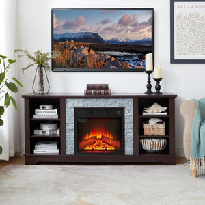 English Elm Mantel Electric Fireplace TV Console with Stacked Stone Surround and Open Shelving Cherry W2275S00037