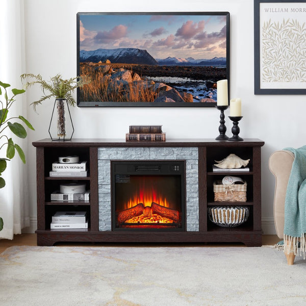 English Elm Mantel Electric Fireplace TV Console with Stacked Stone Surround and Open Shelving Cherry W2275S00037