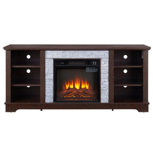 English Elm Mantel Electric Fireplace TV Console with Stacked Stone Surround and Open Shelving Cherry W2275S00037