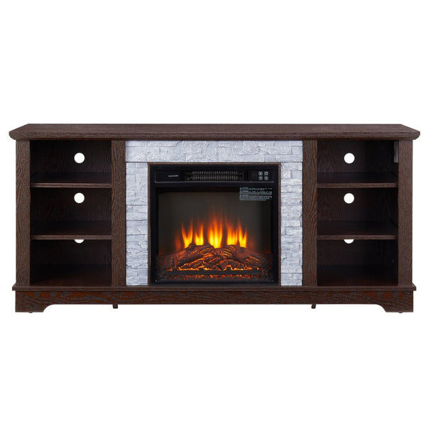 English Elm Mantel Electric Fireplace TV Console with Stacked Stone Surround and Open Shelving Cherry W2275S00037