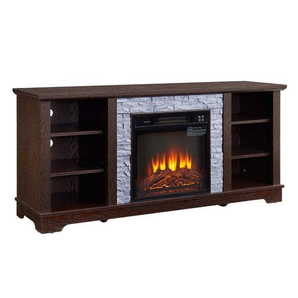 English Elm Mantel Electric Fireplace TV Console with Stacked Stone Surround and Open Shelving Cherry W2275S00037