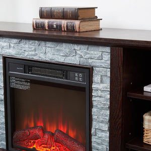 English Elm Mantel Electric Fireplace TV Console with Stacked Stone Surround and Open Shelving Cherry W2275S00037