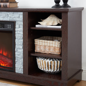 English Elm Mantel Electric Fireplace TV Console with Stacked Stone Surround and Open Shelving Cherry W2275S00037