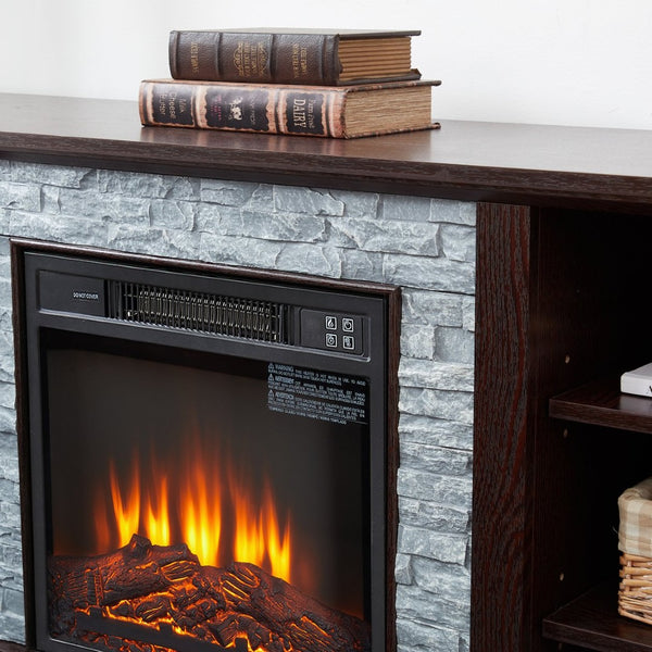 English Elm Mantel Electric Fireplace TV Console with Stacked Stone Surround and Open Shelving Cherry W2275S00037