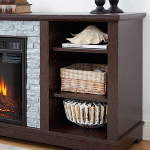 English Elm Mantel Electric Fireplace TV Console with Stacked Stone Surround and Open Shelving Cherry W2275S00037