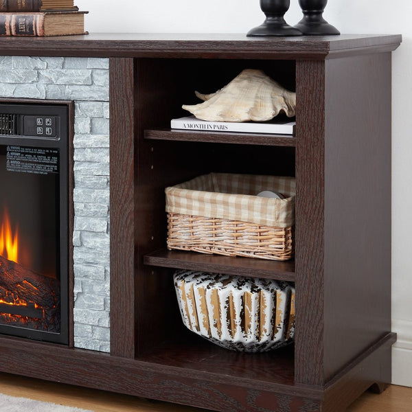 English Elm Mantel Electric Fireplace TV Console with Stacked Stone Surround and Open Shelving Cherry W2275S00037