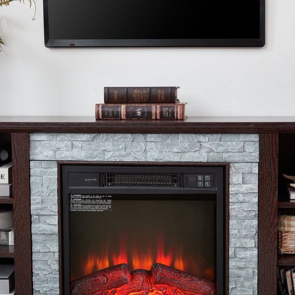 English Elm Mantel Electric Fireplace TV Console with Stacked Stone Surround and Open Shelving Cherry W2275S00037