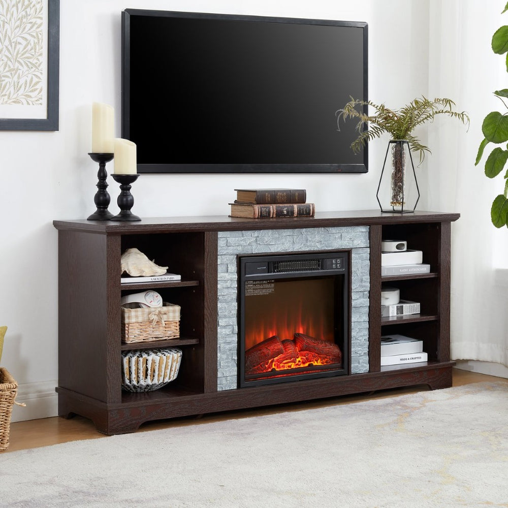 English Elm Mantel Electric Fireplace TV Console with Stacked Stone Surround and Open Shelving Cherry W2275S00037