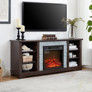 English Elm Mantel Electric Fireplace TV Console with Stacked Stone Surround and Open Shelving Cherry W2275S00037