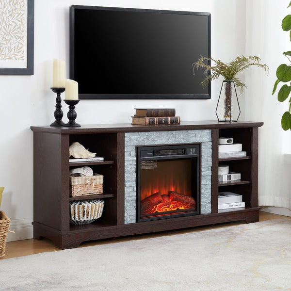 English Elm Mantel Electric Fireplace TV Console with Stacked Stone Surround and Open Shelving Cherry W2275S00037