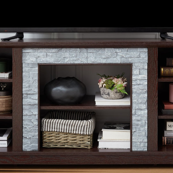 English Elm Mantel Electric Fireplace TV Console with Stacked Stone Surround and Open Shelving Cherry W2275S00037