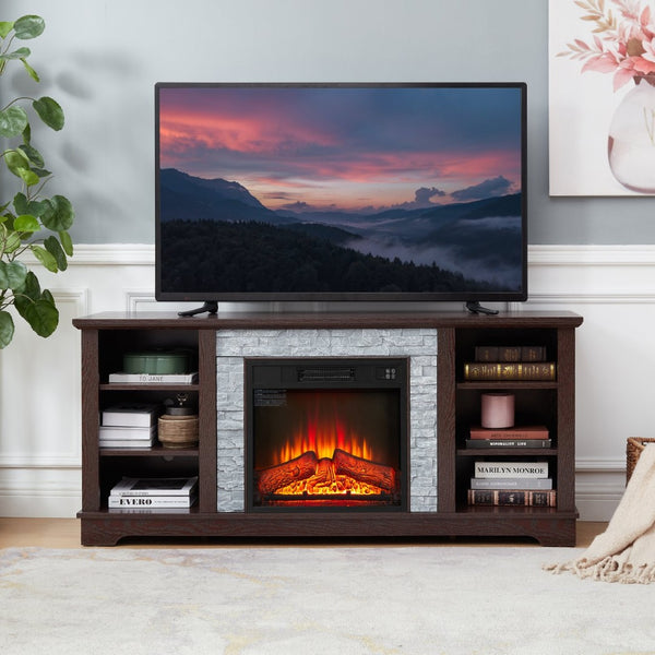 English Elm Mantel Electric Fireplace TV Console with Stacked Stone Surround and Open Shelving Cherry W2275S00037
