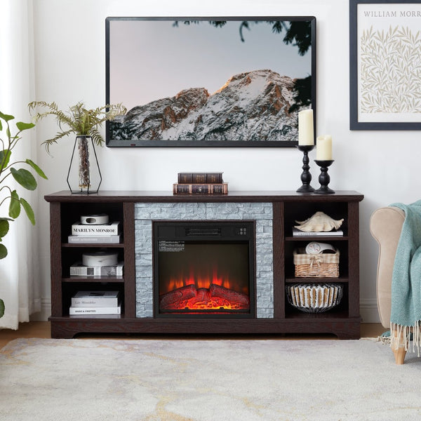English Elm Mantel Electric Fireplace TV Console with Stacked Stone Surround and Open Shelving Cherry W2275S00037