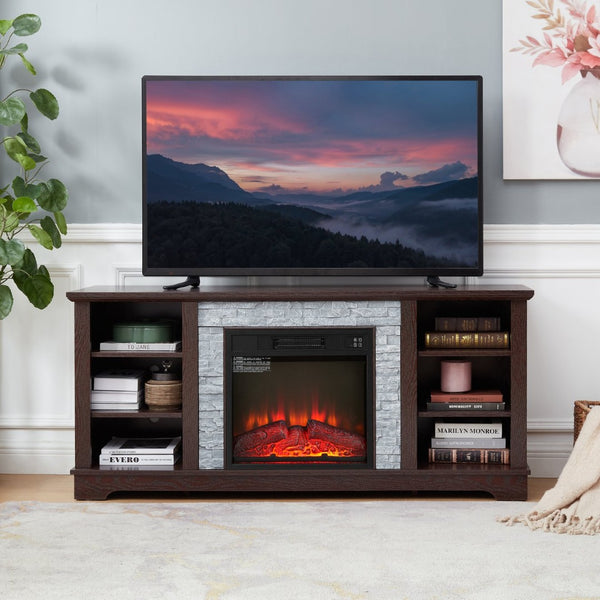 English Elm Mantel Electric Fireplace TV Console with Stacked Stone Surround and Open Shelving Cherry W2275S00037