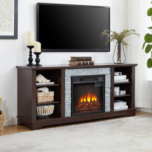 English Elm Mantel Electric Fireplace TV Console with Stacked Stone Surround and Open Shelving Cherry W2275S00037