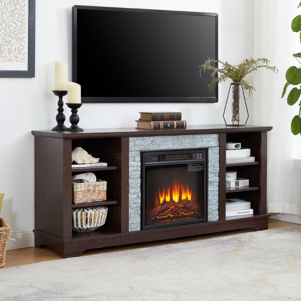 English Elm Mantel Electric Fireplace TV Console with Stacked Stone Surround and Open Shelving Cherry W2275S00037