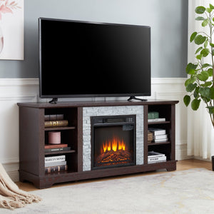 English Elm Mantel Electric Fireplace TV Console with Stacked Stone Surround and Open Shelving Cherry W2275S00037