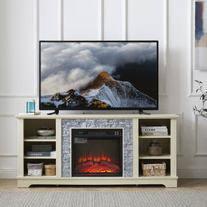 English Elm Mantel Electric Fireplace TV Console with Stacked Stone Surround and Open Shelving White W2275S00038
