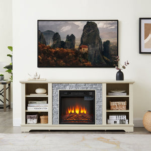 English Elm Mantel Electric Fireplace TV Console with Stacked Stone Surround and Open Shelving White W2275S00038