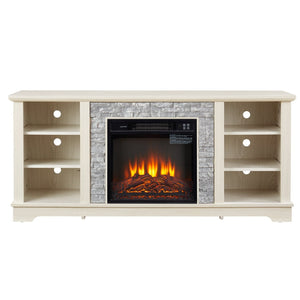 English Elm Mantel Electric Fireplace TV Console with Stacked Stone Surround and Open Shelving White W2275S00038