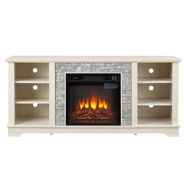 English Elm Mantel Electric Fireplace TV Console with Stacked Stone Surround and Open Shelving White W2275S00038