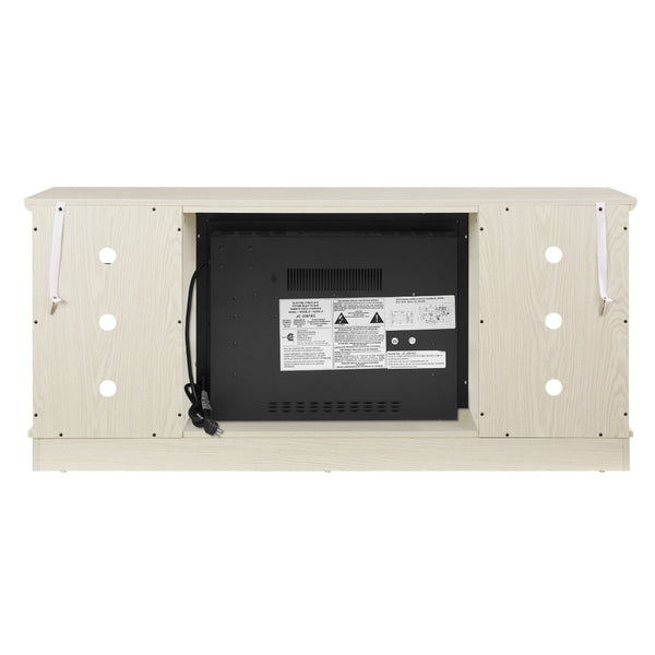 English Elm Mantel Electric Fireplace TV Console with Stacked Stone Surround and Open Shelving White W2275S00038
