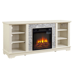 English Elm Mantel Electric Fireplace TV Console with Stacked Stone Surround and Open Shelving White W2275S00038
