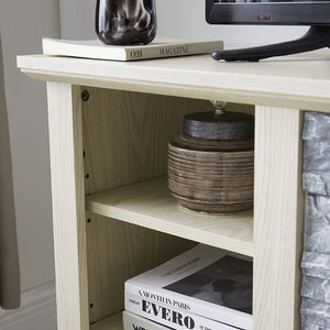 English Elm Mantel Electric Fireplace TV Console with Stacked Stone Surround and Open Shelving White W2275S00038