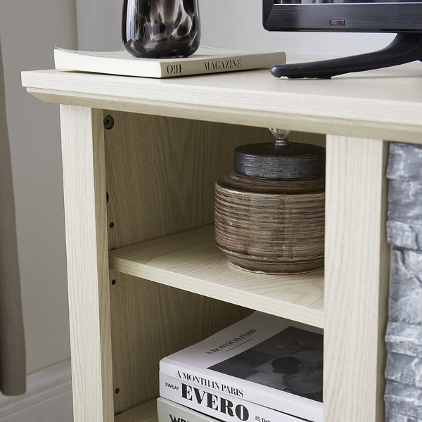 English Elm Mantel Electric Fireplace TV Console with Stacked Stone Surround and Open Shelving White W2275S00038
