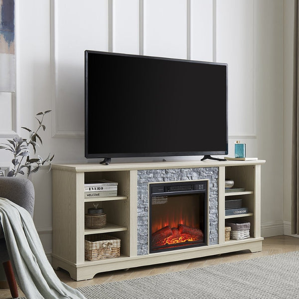 English Elm Mantel Electric Fireplace TV Console with Stacked Stone Surround and Open Shelving White W2275S00038