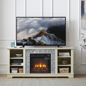 English Elm Mantel Electric Fireplace TV Console with Stacked Stone Surround and Open Shelving White W2275S00038