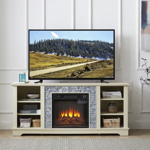 English Elm Mantel Electric Fireplace TV Console with Stacked Stone Surround and Open Shelving White W2275S00038