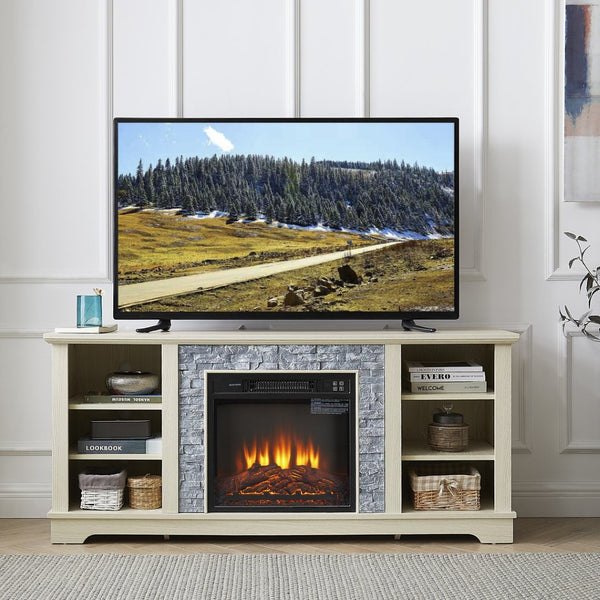 English Elm Mantel Electric Fireplace TV Console with Stacked Stone Surround and Open Shelving White W2275S00038