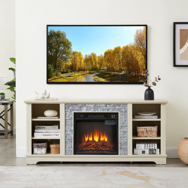 English Elm Mantel Electric Fireplace TV Console with Stacked Stone Surround and Open Shelving White W2275S00038
