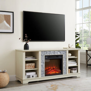 English Elm Mantel Electric Fireplace TV Console with Stacked Stone Surround and Open Shelving White W2275S00038