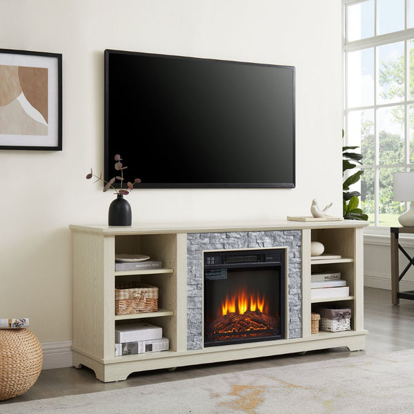 English Elm Mantel Electric Fireplace TV Console with Stacked Stone Surround and Open Shelving White W2275S00038