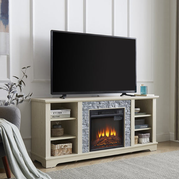 English Elm Mantel Electric Fireplace TV Console with Stacked Stone Surround and Open Shelving White W2275S00038