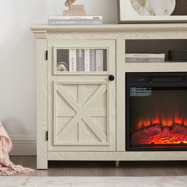 English Elm 2 Door Farmhouse TV Stand with Electric Fireplace Insert White Barn Style Console W2275S00039