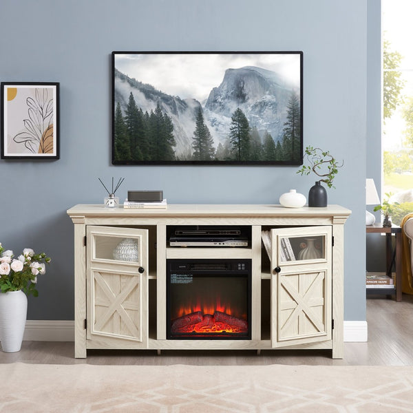 English Elm 2 Door Farmhouse TV Stand with Electric Fireplace Insert White Barn Style Console W2275S00039