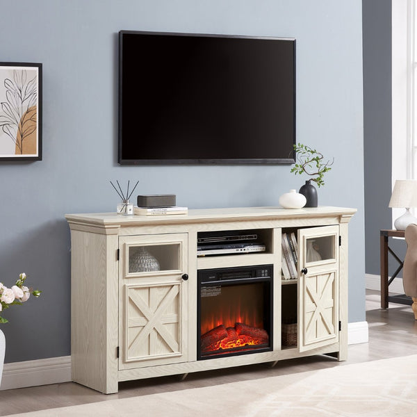 English Elm 2 Door Farmhouse TV Stand with Electric Fireplace Insert White Barn Style Console W2275S00039