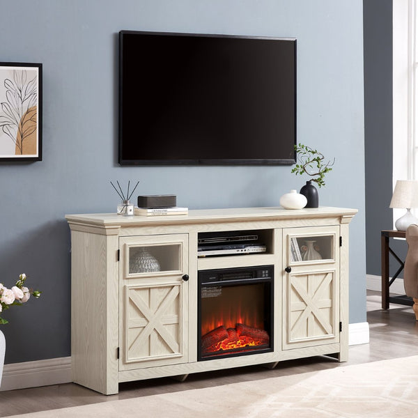 English Elm 2 Door Farmhouse TV Stand with Electric Fireplace Insert White Barn Style Console W2275S00039