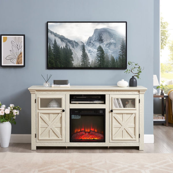 English Elm 2 Door Farmhouse TV Stand with Electric Fireplace Insert White Barn Style Console W2275S00039