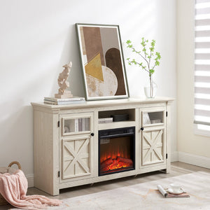 English Elm 2 Door Farmhouse TV Stand with Electric Fireplace Insert White Barn Style Console W2275S00039