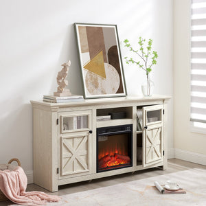 English Elm 2 Door Farmhouse TV Stand with Electric Fireplace Insert White Barn Style Console W2275S00039