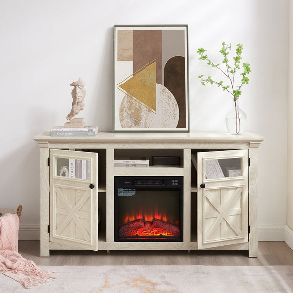 English Elm 2 Door Farmhouse TV Stand with Electric Fireplace Insert White Barn Style Console W2275S00039